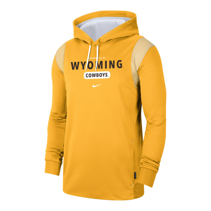 Nike gold hooded sweatshirt, white lined hood, design is white words University of above brown word Wyoming, rounded white rectangle with brown word Cowboys above white Nike logo