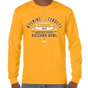 gold long sleeve tee with Wyoming Cowboys arched on front. Below is 2022 Arizona Bowl Football graphic