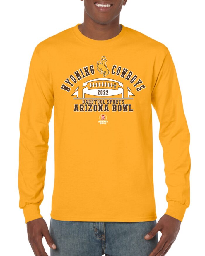 gold long sleeve tee with Wyoming Cowboys arched on front. Below is 2022 Arizona Bowl Football graphic