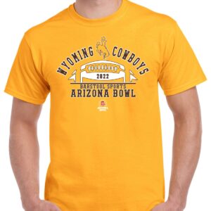 gold short sleeve tee with Wyoming Cowboys arched on front. Below is 2022 Arizona Bowl Football graphic