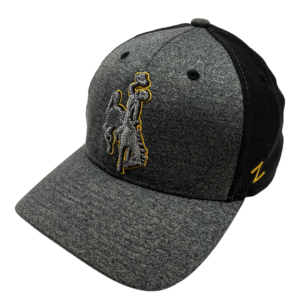 grey flex fit hat with black back. Grey bucking horse with gold outline embroidered on front center