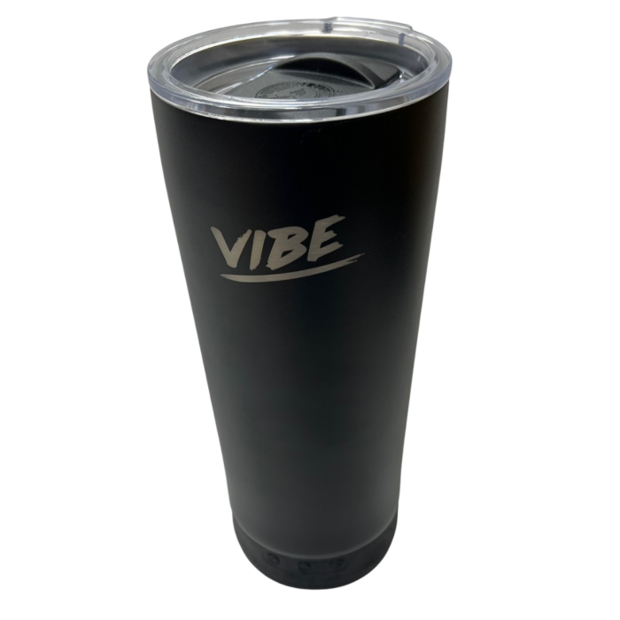 back of black 18 ounce tumbler, clear plastic lid, silver vibe logo on back, detachable speaker on bottom