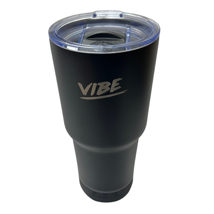 black 28 ounce tumbler, clear plastic lid, silver vibe logo on back, detachable speaker on bottom