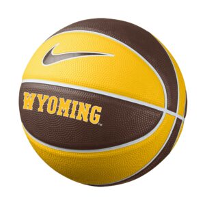 mini rubber basketball with gold and brown alternating panels. Word Wyoming in gold with nike logo above
