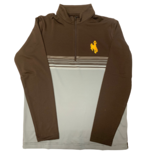 men's brown and grey lightweight jacket, design is brown shoulders that fade into grey with stripes, gold bucking horse embroidered on left chest