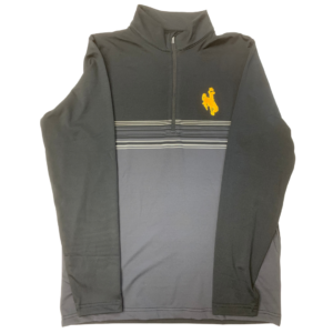 men's grey lightweight jacket, design is dark grey shoulders that fade into light grey with stripes, gold bucking horse embroidered on left chest