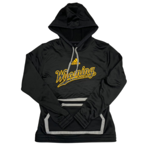 Adidas women's black hooded sweatshirt, design is gold Adidas logo above script word Wyoming with grey pixels outlined in gold, kangaroo pocket outlined in grey
