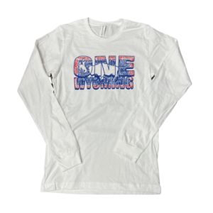 white long sleeve tee, words One Wyoming with design of Wyoming state flag inside, cities of Wyoming make up the flag