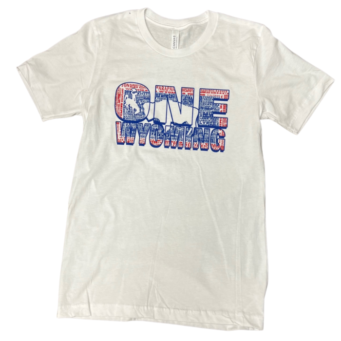 white short sleeve tee, words One Wyoming with design of Wyoming state flag inside, cities of Wyoming make up the flag