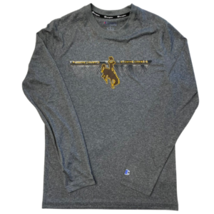 Champion grey long sleeve tee, design is brown bucking horse in center outlined in gold, gradient gray line behind with gold word Wyoming Cowboys on either side
