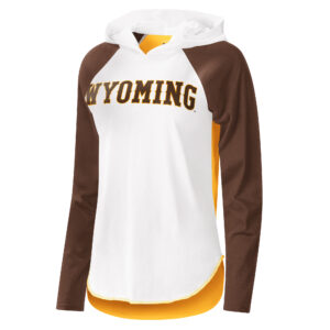 women's long sleeve hooded tee, white body and hood, brown sleeves, gold back, design is brown word Wyoming outlined in gold