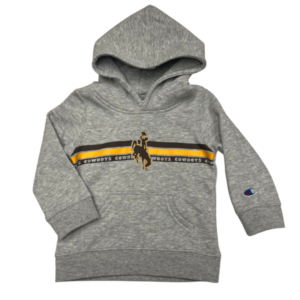 infant grey hooded sweatshirt with kangaroo pocket, brown and gold stripe above brown stripe with word cowboys in it, brown bucking horse in front