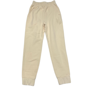 ivory colored, women's jogger sweatpants. banded waistband, and bottoms. small white bucking horse printed on right top pocket