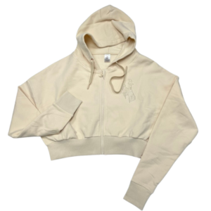ivory colored, women's cropped zippered sweatshirt. hood, and two front pockets. white bucking horse printed on left chest