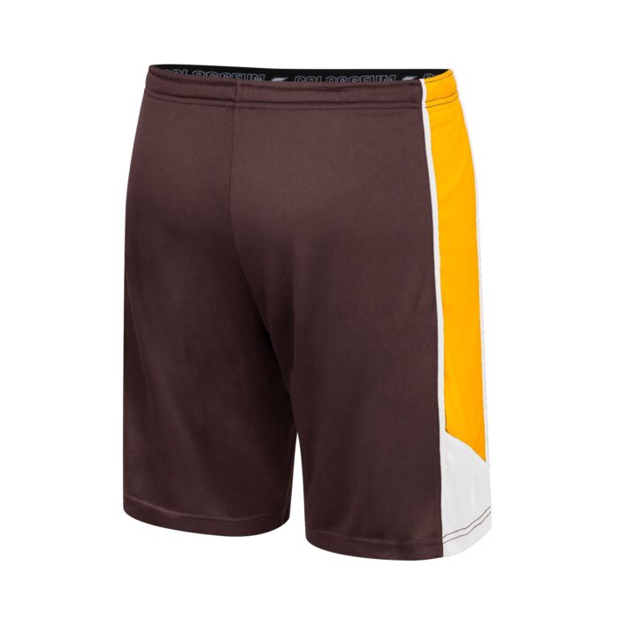 men's brown athletic shorts, gold band on side, white slash at bottom
