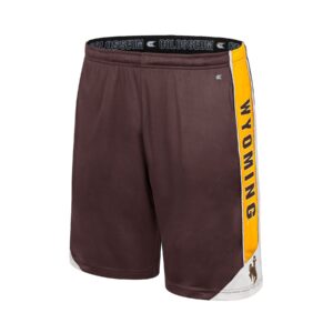 men's brown athletic shorts, gold band on side with brown word Wyoming, white slash at bottom with brown bucking horse