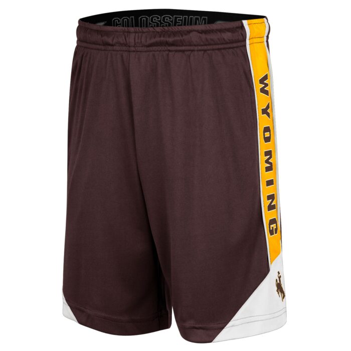 youth brown athletic shorts, gold band on side with brown word Wyoming, white slash at bottom with brown bucking horse