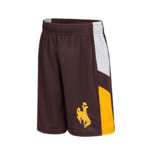 toddler brown shorts with elastic band, white mesh stipe above gold stripe on side, design is gold bucking horse on left leg