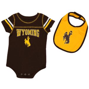 infant onesie and bib set, onesie is brown with white and gold stripes, design is gold word Wyoming above gold bucking horse, bib is gold with brown bucking horse