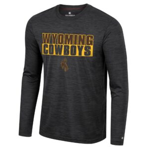 men's long sleeved heather black tee, design is brown word Wyoming outlined in gold above gold outlined word Cowboys above brown bucking horse