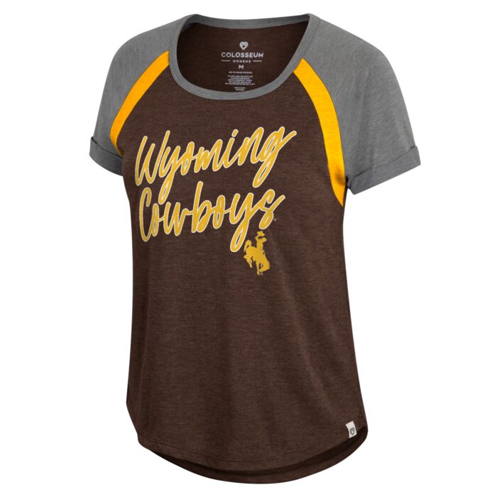 women's short sleeve tee, body is brown, sleeves are grey and gold, design is gold script word Wyoming above cowboys above gold bucking horse