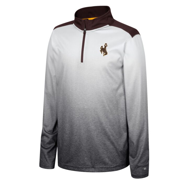 youth white quarter zip jacket, ombre from white to black, brown shoulders, neck and zipper, brown bucking horse on left chest