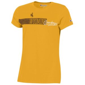 gold women's fit short sleeved tee. Design is brown rectangle with word Wyoming inside. Word cowboys printed in white beside rectangle