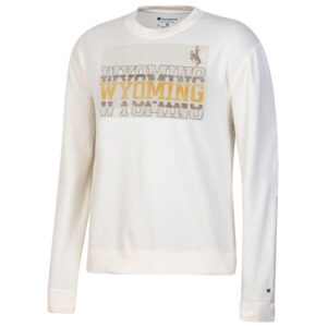 women's off white crew neck sweatshirt, design is word Wyoming repeated in gold and grey, brown bucking horse on upper left