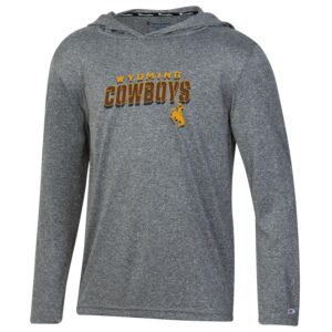 Champion youth grey lightweight hood, design is gold word Wyoming above brown word Cowboys both at slant, gold bucking horse below