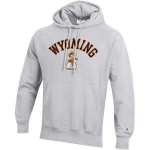 men's grey hooded sweatshirt, design is brown word Wyoming outlined in gold arched above Pistol Pete, Champion logo on left sleeve