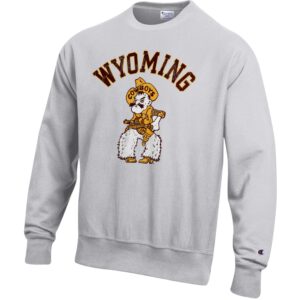 men's grey crew neck sweatshirt, design is brown word Wyoming outlined in gold arched above Pistol Pete, Champion logo on left sleeve
