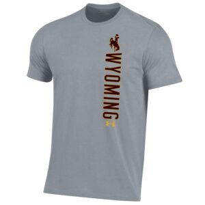 Under Armour grey men's short sleeve tee shirt, design is brown bucking horse above vertical word Wyoming above gold Under Armour logo