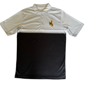 men's grey and black polo shirt, design is grey top with white and grey lines above black stomach, brown bucking horse outlined in gold on left chest