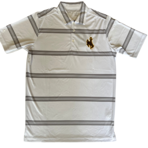 men's grey and white polo shirt, design is grey and white stripes of varying widths, brown bucking horse outlined in gold