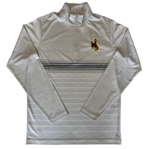 men's grey quarter zip with black, grey and white lines of varying size, design is brown bucking horse outlined in gold