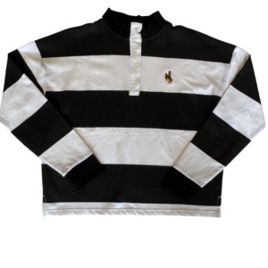 women's cropped black and white rugby stripe polo, four white buttons, design is brown bucking horse outlined in gold