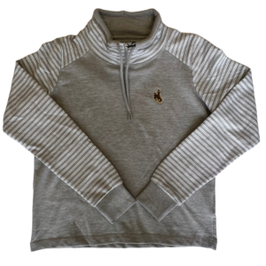 women's grey cowl neck pullover, grey and white striped sleeves and neck, design is brown bucking horse embroidered on left chest