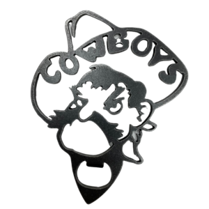 One solid piece of metal bottle opener, approximately 5 inch by 6 inch pistol pete logo design, word cowboys included under hat brim