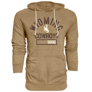 women's russett colored hooded sweatshirt, design is brown word Wyoming above cream bucking horse above word cowboys above brown rectangle with cream 1886 on right