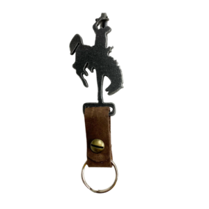 One solid piece of metal beltloop clip approximately 5 inch by 1 inch bucking horse logo design, attached leather keychain