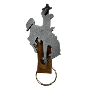 One solid piece of metal pocket clip approximately 2 inch by 1 inch bucking horse design, attached leather keychain