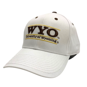 White adjustable cotton hat, design is gold line above brown word WYO, words University of Wyoming between gold lines
