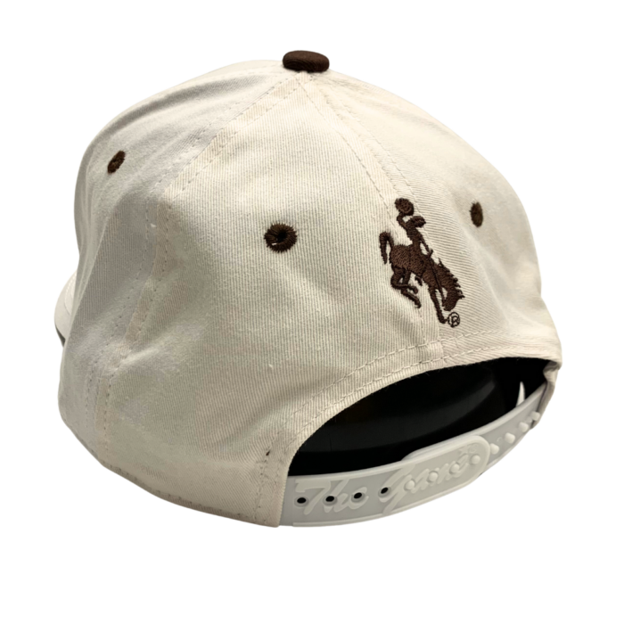 White back of hat, design is brown bucking horse centered over white adjustable snap fastening