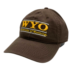 Brown adjustable cotton hat, design is white line above gold word WYO above gold words University of Wyoming between gold lines