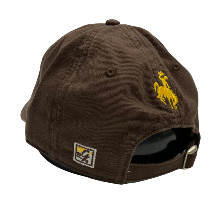 Brown back of hat, design is gold bucking horse centered over brown adjustable snap fastening