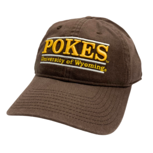 Brown front of hat, design is gold word pokes over gold words university of Wyoming, white bars separating the lines of text horizontally