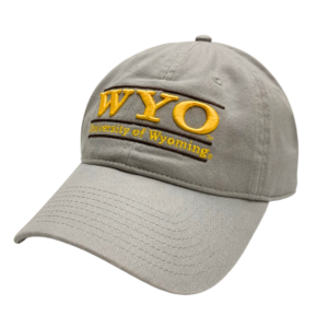 Grey adjustable cotton hat, design is brown line above gold word WYO with brown line underneath, gold words university of Wyoming beneath, brown line below