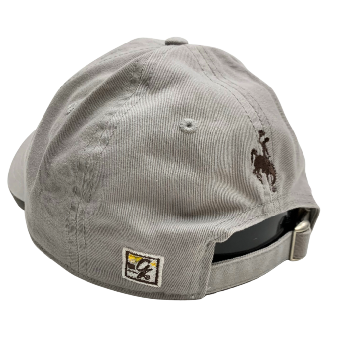 Grey back of hat, design is brown bucking horse centered over grey adjustable strap