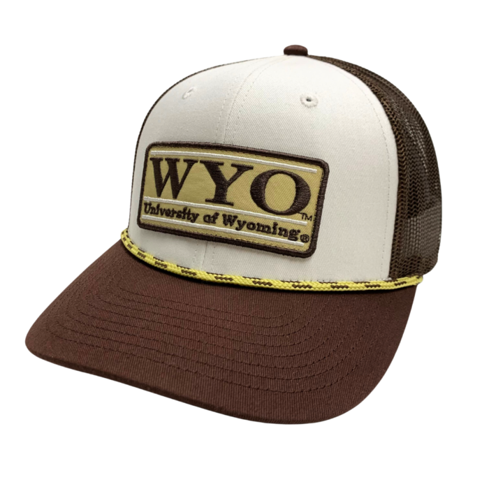 White hat, brown bill, design is pale gold patch with brown words WYO over brown words university of Wyoming, gold and brown twist accent separating hat from bill