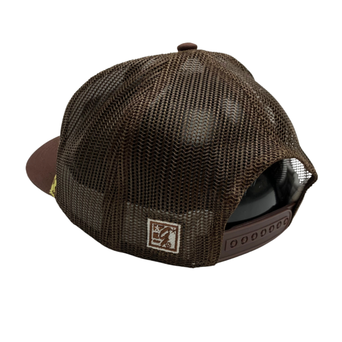 Brown mesh back of hat, brown adjustable snap backing